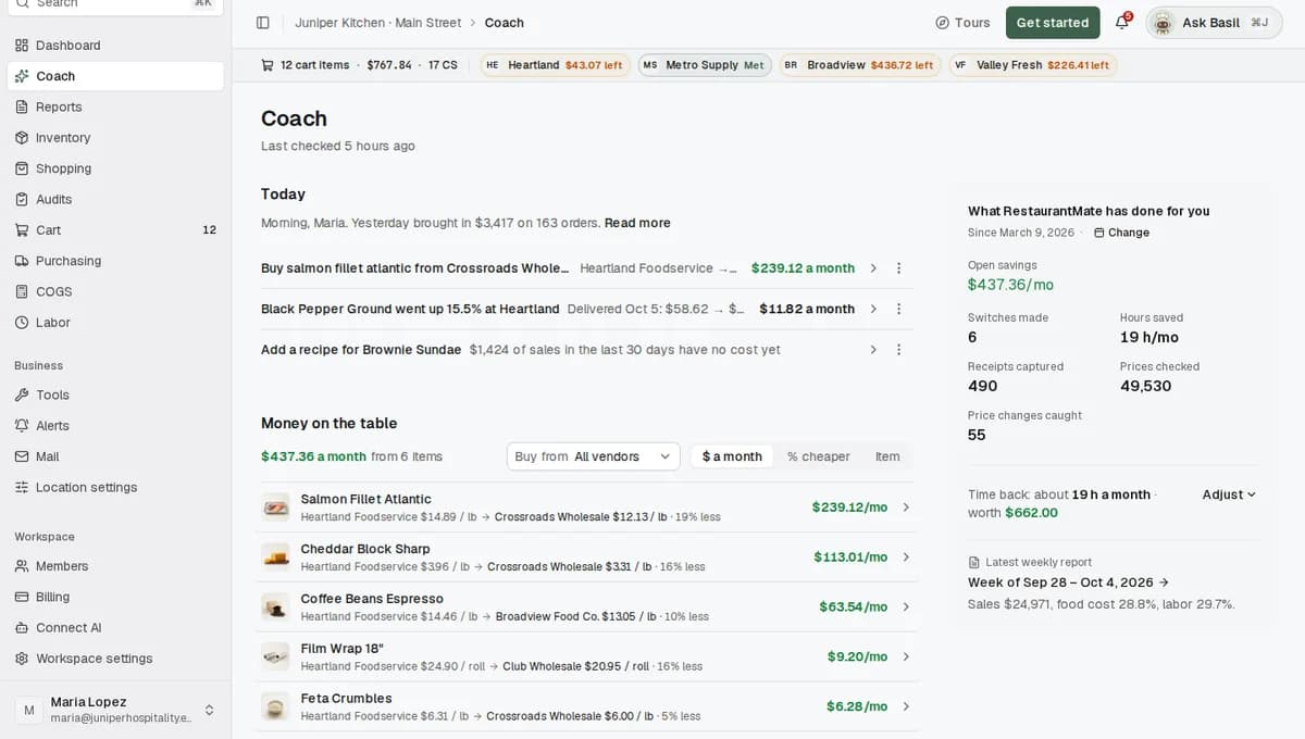The Coach page for Juniper Kitchen Main Street, with today's note, the savings list and what RestaurantMate has done for the location
