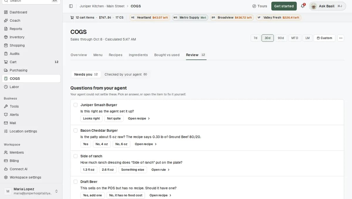 The Review tab on the COGS page showing a question from the agent, modifier rules to check and a modifier without a rule