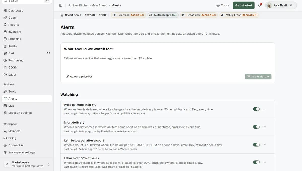 The Alerts page with the What should we watch for box above a list of five alerts
