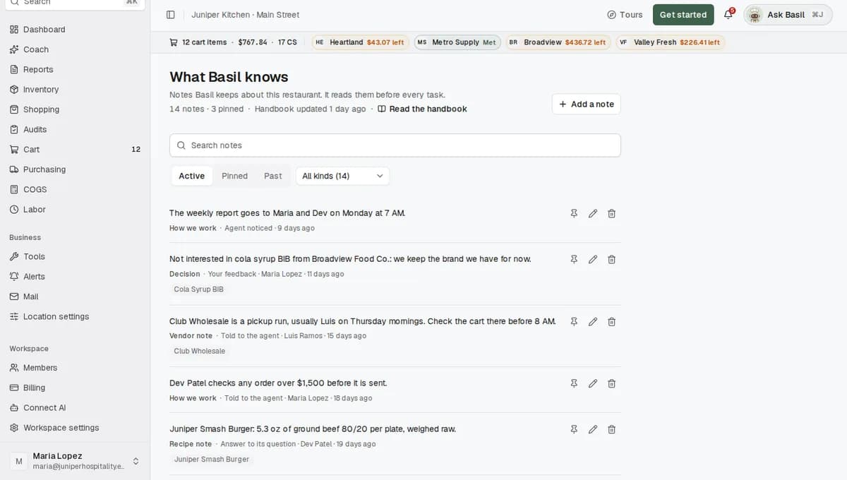 The page that lists what the agent has learned about the location