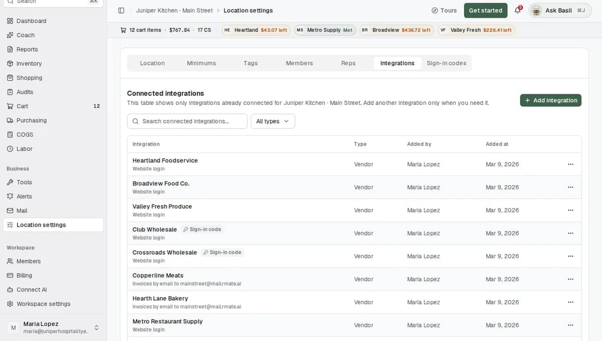 The Integrations tab in Location settings, with the Add integration button highlighted