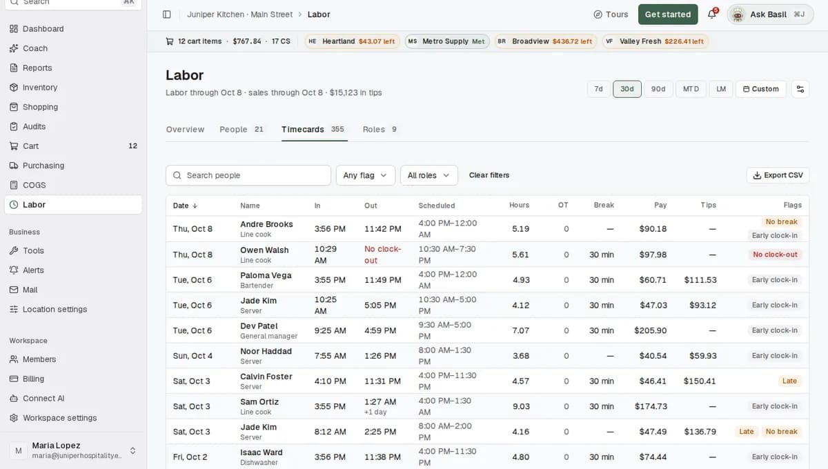 The Timecards tab filtered to timecards with a flag
