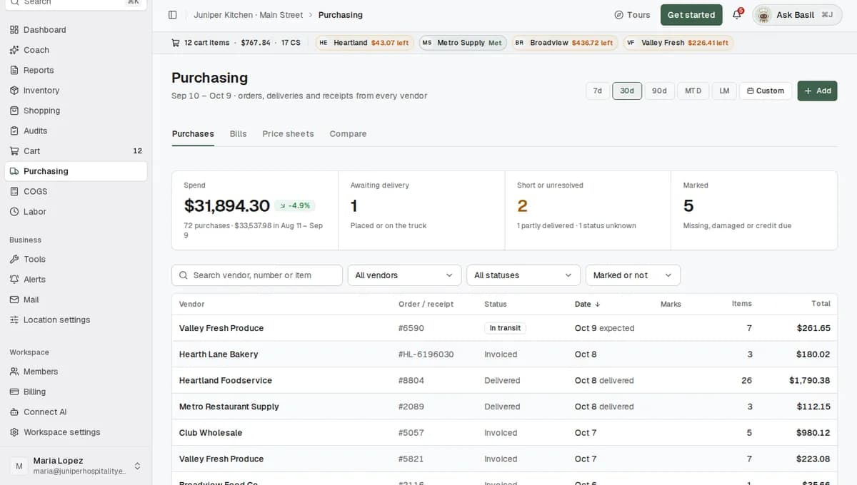 The Purchases tab, with the Valley Fresh Produce delivery from Oct 8 highlighted