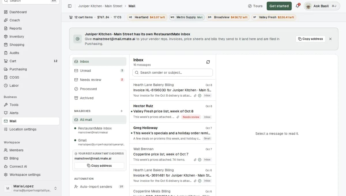 The Mail page before setup, with one card to connect Gmail or Outlook and one card to create a RestaurantMate inbox