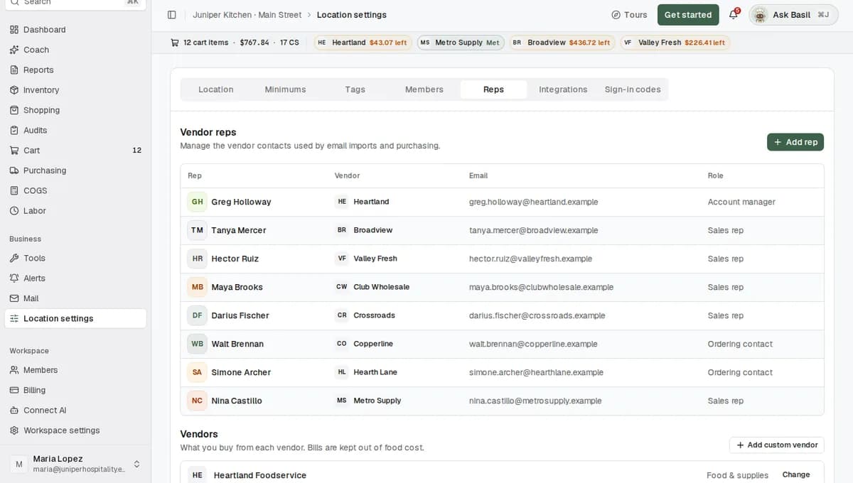 The Add vendor rep form on the Reps tab, filled in for Riverside Dairy's billing contact