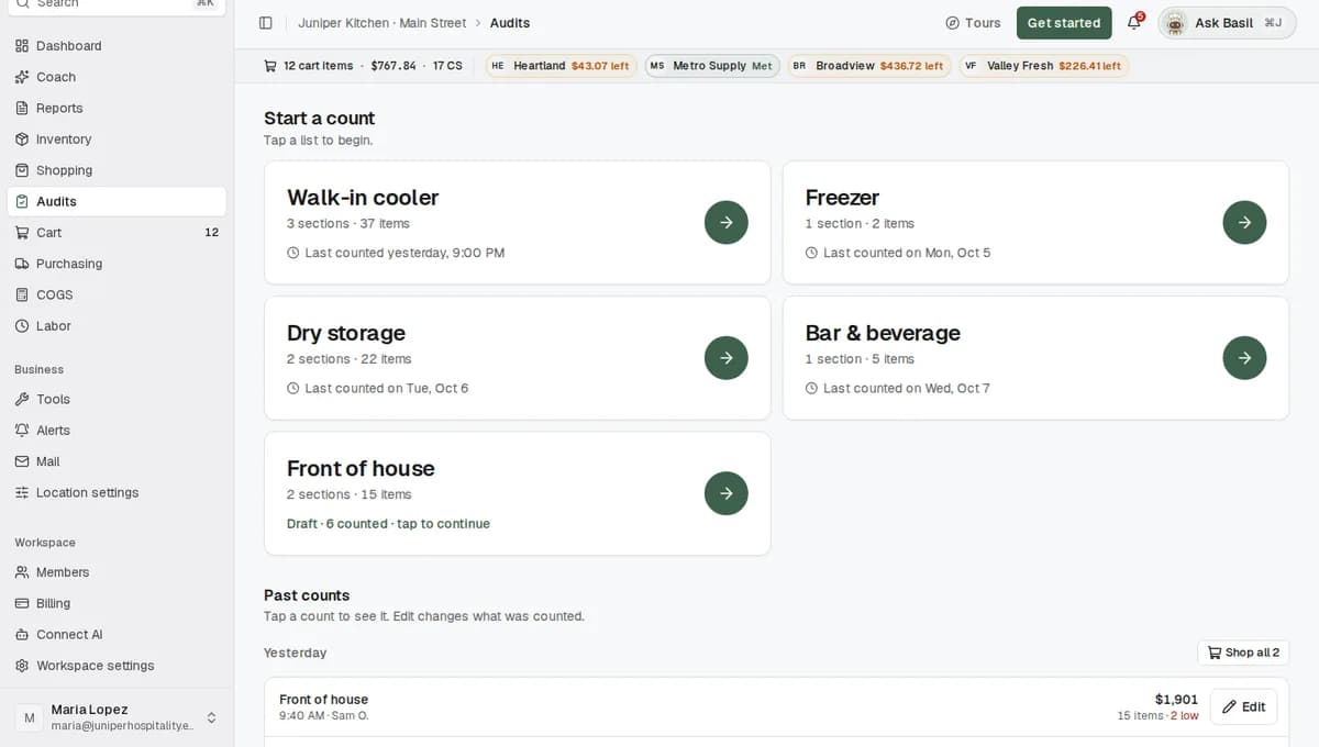 What an Inventory counter sees: a sidebar with only the Audits page