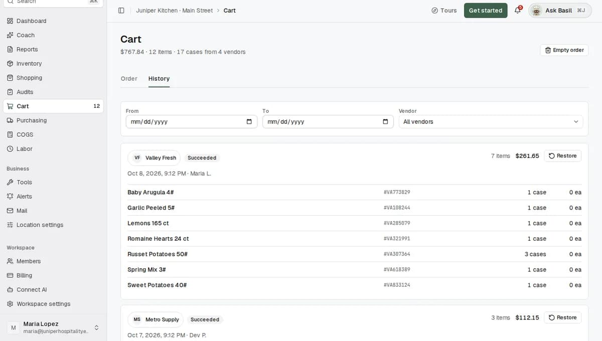The cart History tab listing past sends by vendor with their status and a Restore button