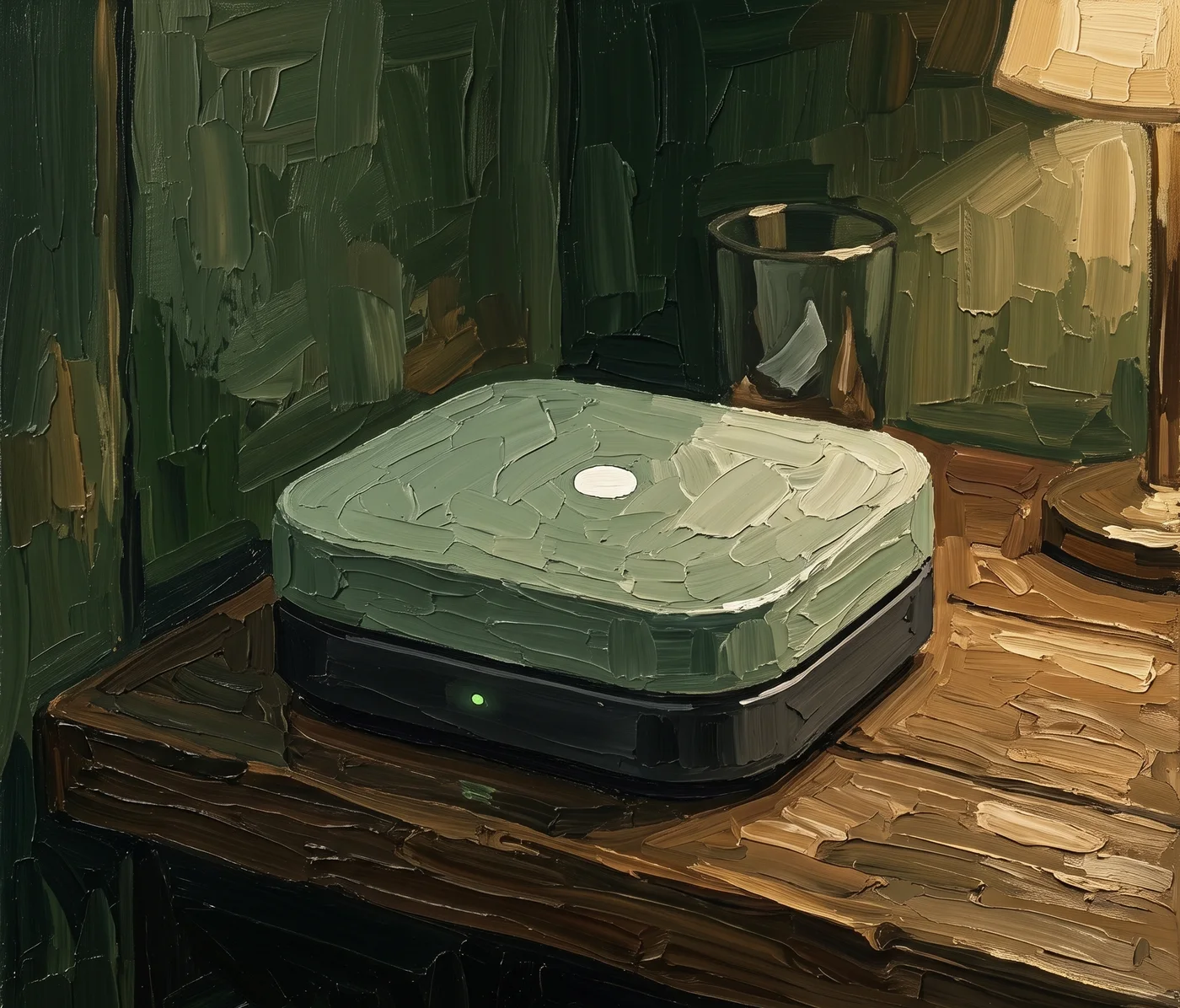 The RestaurantMate device on a shelf at night